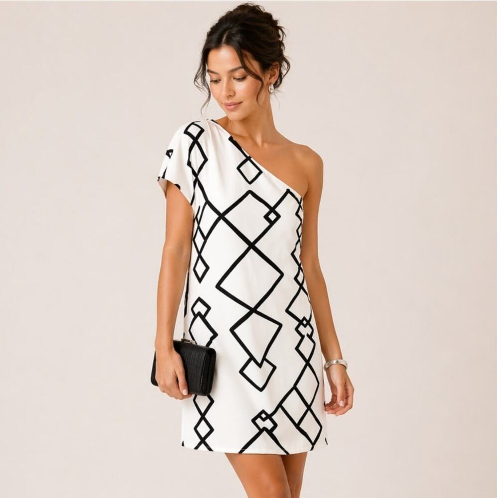 Keepsake Black White Geometric One Shoulder Mini Dress M Mod Cocktail